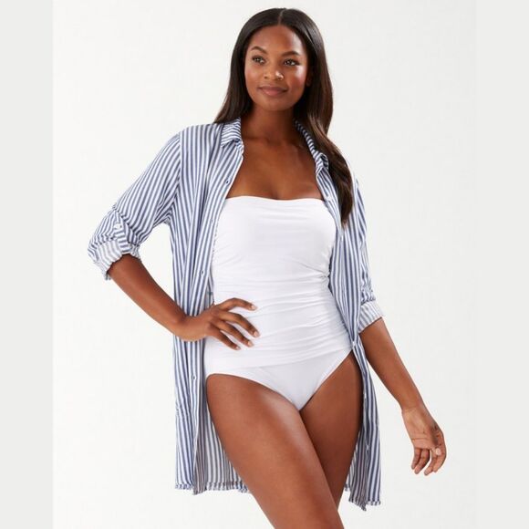 Tommy Bahama Chambray Striped Boyfriend Beach Cover Up Shirt Womens Large - Picture 1 of 14